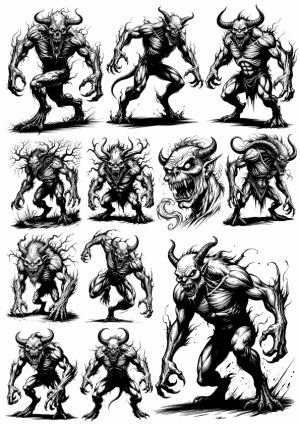 Set of Monochrome Demon and Monster Vector Illustrations Free Vector