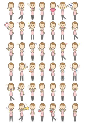 Set of 40 Cartoon Woman in Pink Apron with Various Emotions and Gestures Free Vector