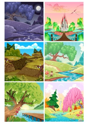 Six Fantasy Landscape Scenes with Trees, Rivers, and Castle Free Vector