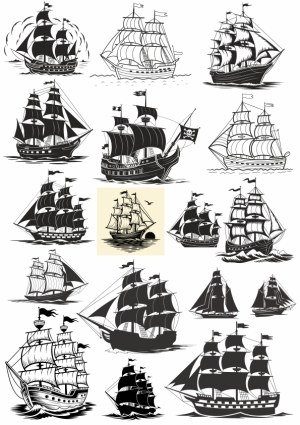 Vintage Sailing Ships and Pirate Ship Vector Illustrations Free Vector