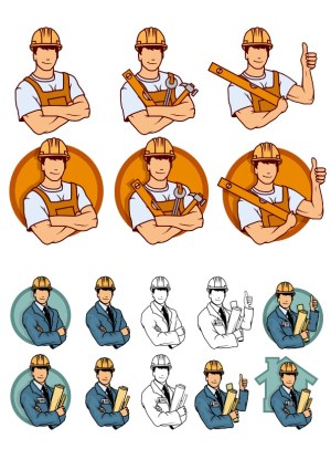 Construction Workers and Engineers Vector Set with Tools and Blueprints Free Vector