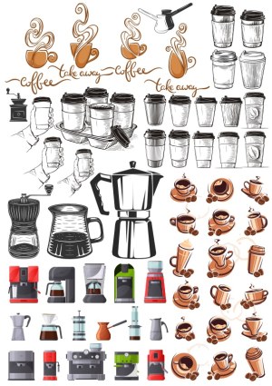 Coffee Cups, Makers, and Accessories Vector Set Free Vector