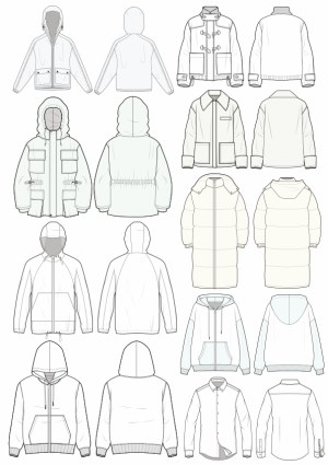 Technical Flat Sketches of Various Jackets and Shirts Free Vector