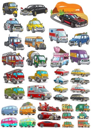 Collection of Cartoon Vehicles Including Emergency, Commercial, and Recreational Cars Free Vector