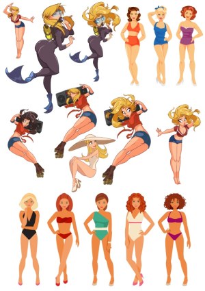 Collection of Cartoon Women Characters in Swimwear and Casual Poses Free Vector