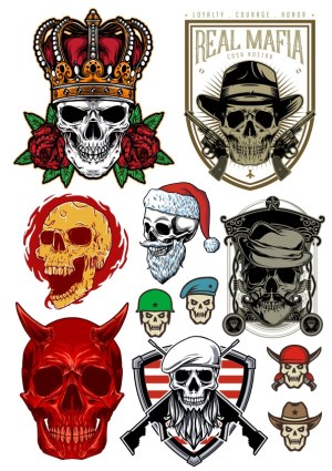 Set of Skull Illustrations with Crowns, Hats, and Military Themes Free Vector