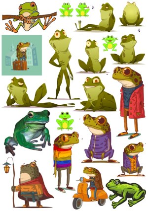 Collection of Cartoon Frogs and Toads in Various Poses and Outfits Free Vector