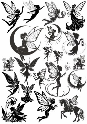 Black and White Fairy Silhouettes Collection Free Vector