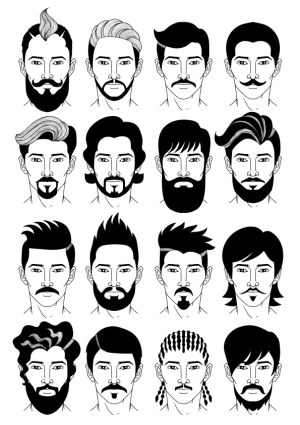 Set of 16 Black and White Male Hairstyles and Beard Styles Vector Free Vector