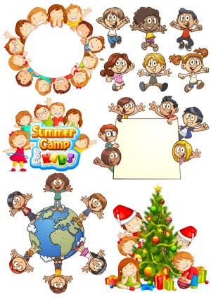 Children Group Vectors with Summer Camp and Christmas Themes Free Vector