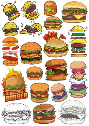 Assorted Cartoon and Realistic Burger Vector Illustrations Free Vector