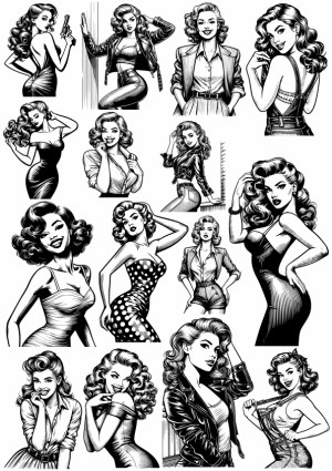 Black and White Retro Pin-Up Girls Collection Free Vector