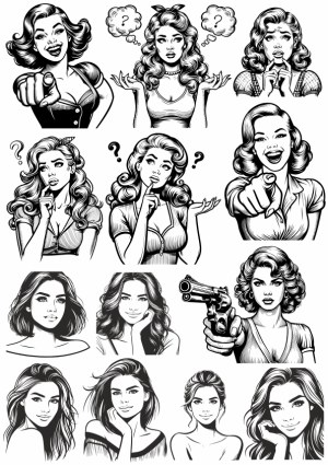 Retro Style Female Expressions and Poses Vector Set Free Vector