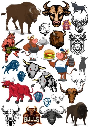 Collection of Bull and Bison Vector Illustrations and Mascots Free Vector