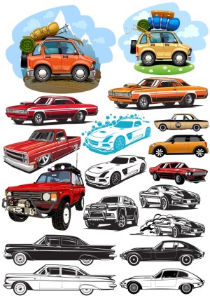 Collection of Vector Car Illustrations Including Classic, Sports, and Off-Road Vehicles Free Vector
