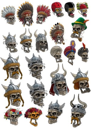 Collection of Skull Illustrations with Various Headgear Free Vector
