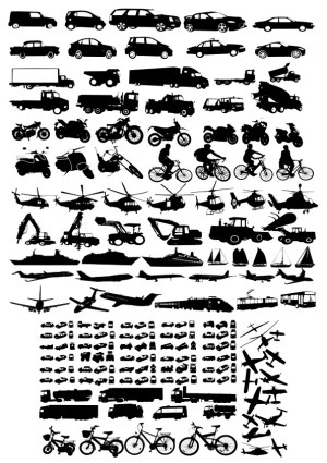 Silhouettes of Various Vehicles Including Cars, Bikes, Aircraft, and Ships Free Vector