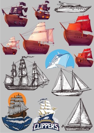 Collection of Various Sailing Ships and Yachts Vector Illustrations Free Vector