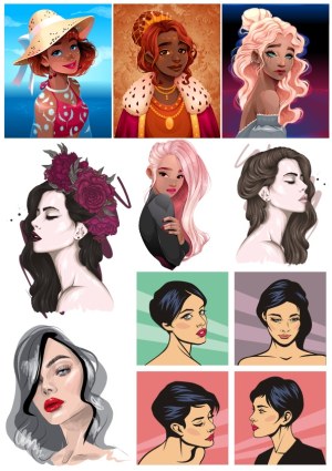 Collection of Stylized Female Portrait Vector Illustrations Free Vector
