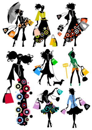 Fashionable Women Shopping Silhouettes with Colorful Bags Free Vector