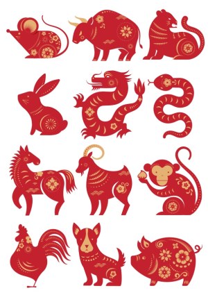 Chinese Zodiac Animals Red and Gold Vector Icons Free Vector