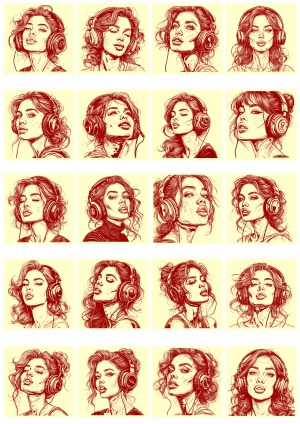 Hand-Drawn Female Portraits with Headphones Set Free Vector