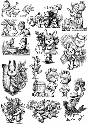 Vintage Black and White Animal Illustrations with Spring and Celebration Themes Free Vector