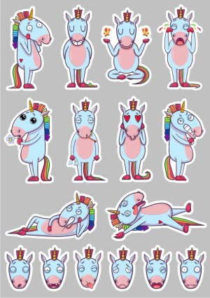 Cartoon Blue Unicorn Character Stickers with Various Emotions and Poses Free Vector