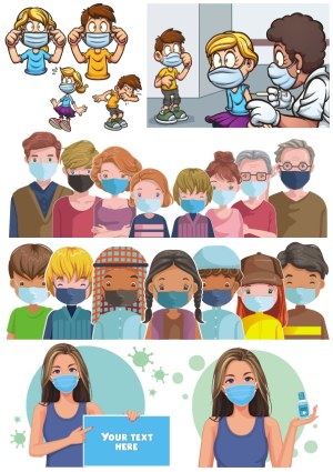 Vector Illustrations of People Wearing Face Masks in Various Situations Free Vector