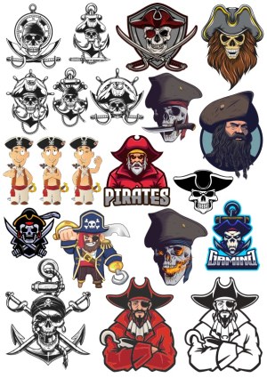 Collection of Pirate Skull and Pirate Character Vector Illustrations Free Vector