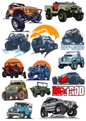 Collection of Off-Road Vehicles and Hot Rod Cars Vector Illustrations Free Vector