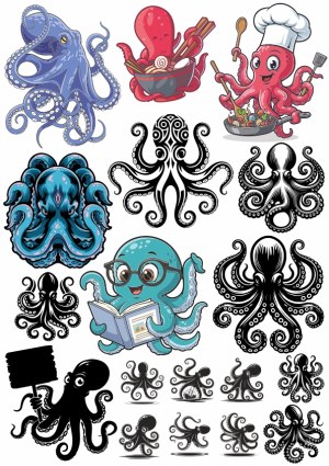 Collection of Cartoon and Stylized Octopus Vector Illustrations Free Vector