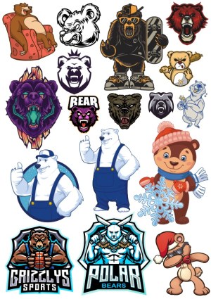 Diverse Bear Vector Collection Featuring Cartoon, Sports, and Aggressive Bear Designs Free Vector