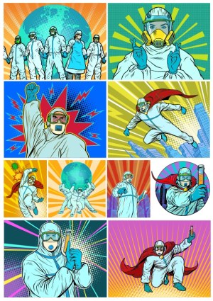 Pop Art Medical Professionals in Protective Gear Fighting Virus Free Vector