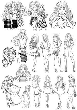 Fashionable Young Women and Girls Black and White Line Art Illustration Free Vector
