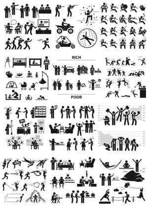 Various Black Stick Figure Icons Illustrating Activities, Life Stages, and Social Concepts Free Vector