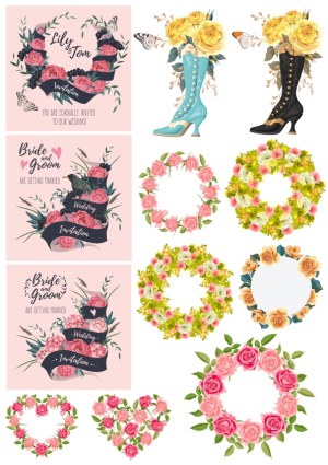 Wedding Invitations and Floral Wreaths Vector Set Free Vector