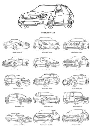 Set of Black and White Mercedes-Benz Car Line Art Illustrations Free Vector