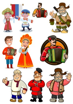 Russian Folk Characters in Traditional Clothing with Accordions Free Vector
