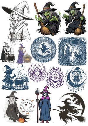Collection of Witch and Halloween Themed Vector Illustrations Free Vector