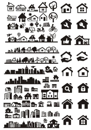 Black Silhouette Icons of Houses, Buildings, Trees, and Eco-Friendly Elements Free Vector