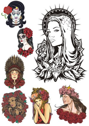 Set of Decorative Female Portraits with Floral and Artistic Themes Free Vector
