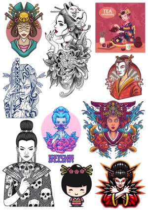 Collection of Stylized Geisha and Japanese-Inspired Vector Art Free Vector