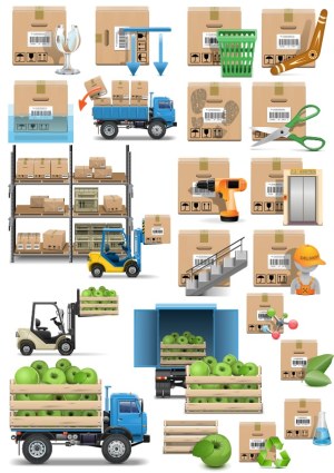 Logistics and Packaging Icons with Forklifts, Trucks, and Crates of Green Apples Free Vector