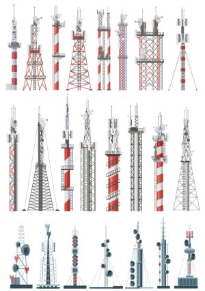 Collection of Communication and Broadcast Tower Vector Illustrations Free Vector
