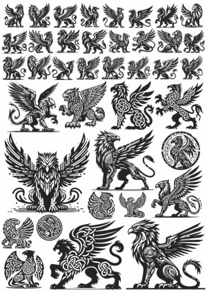 Black and White Griffin and Gryphon Vector Illustrations Free Vector
