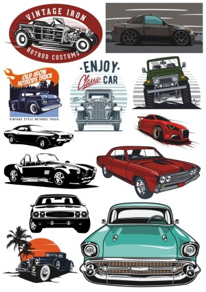 Collection of Classic and Vintage Cars and Hot Rod Trucks Vector Illustrations Free Vector