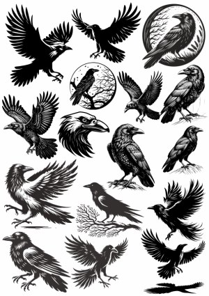 Detailed Black Silhouette and Line Art Raven and Crow Illustrations Free Vector