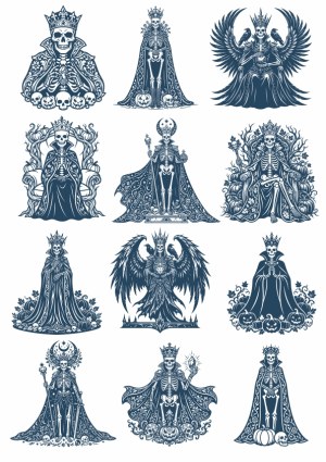 Skeleton Kings and Queens in Gothic, Halloween Inspired Designs Free Vector
