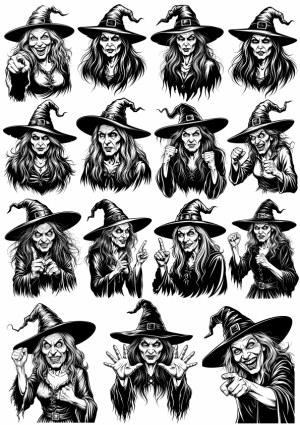 Set of Witch Faces with Various Expressions and Poses Free Vector